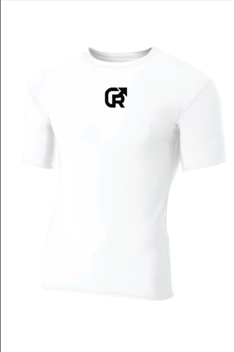 White short-sleeve athletic t-shirt with black FR logo on chest against white background