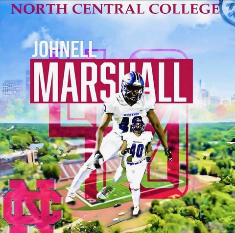 Johnell Marshall, North Central College football player wearing white uniform with maroon trim against aerial campus backdrop