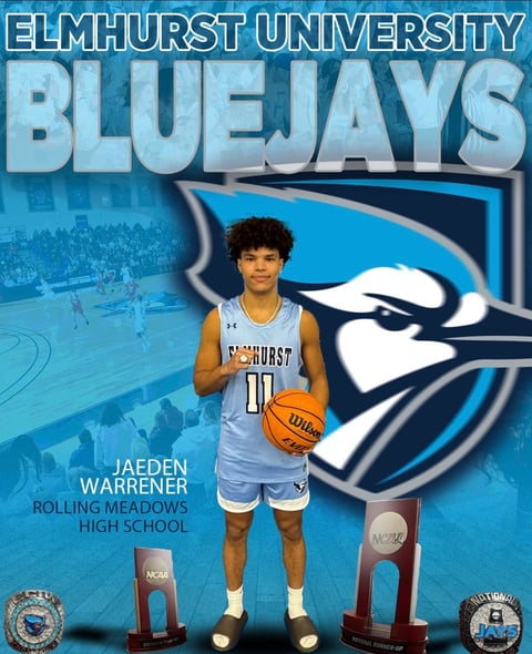 Jaeden Warrener from Rolling Meadows High School poses in Elmhurst University Bluejays uniform holding basketball